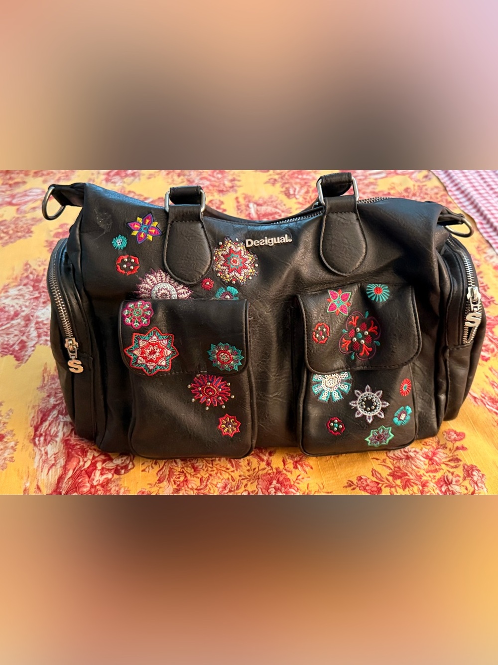 Desigual Black Embroidered Satchel Bag Lots Of Pockets
